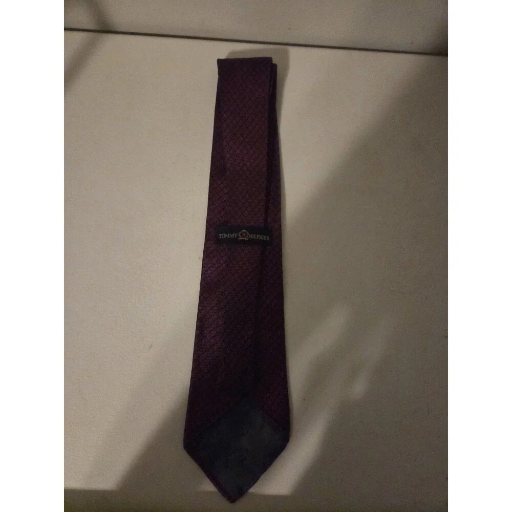Tommy Hilfiger Silk Tie Vintage Red Navy Micro Grid Gold Crest Embroidery 58